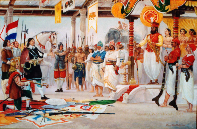 Dutch General Gerrard Hulft presents the captured Portuguese flags and gifts to the King. -prasanna Weerakkody�